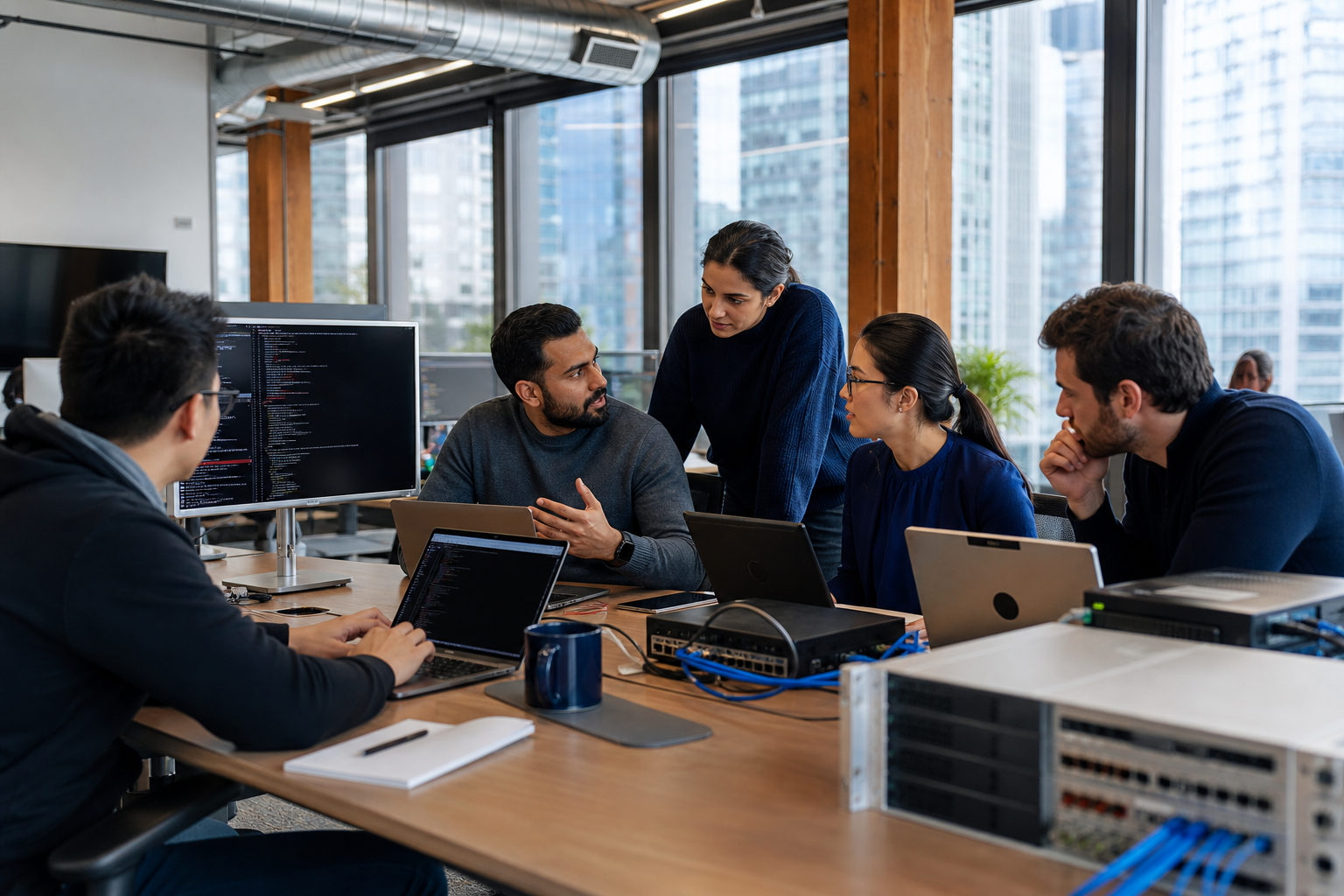 IT professionals collaborating around computers and network equipment in a Vancouver office