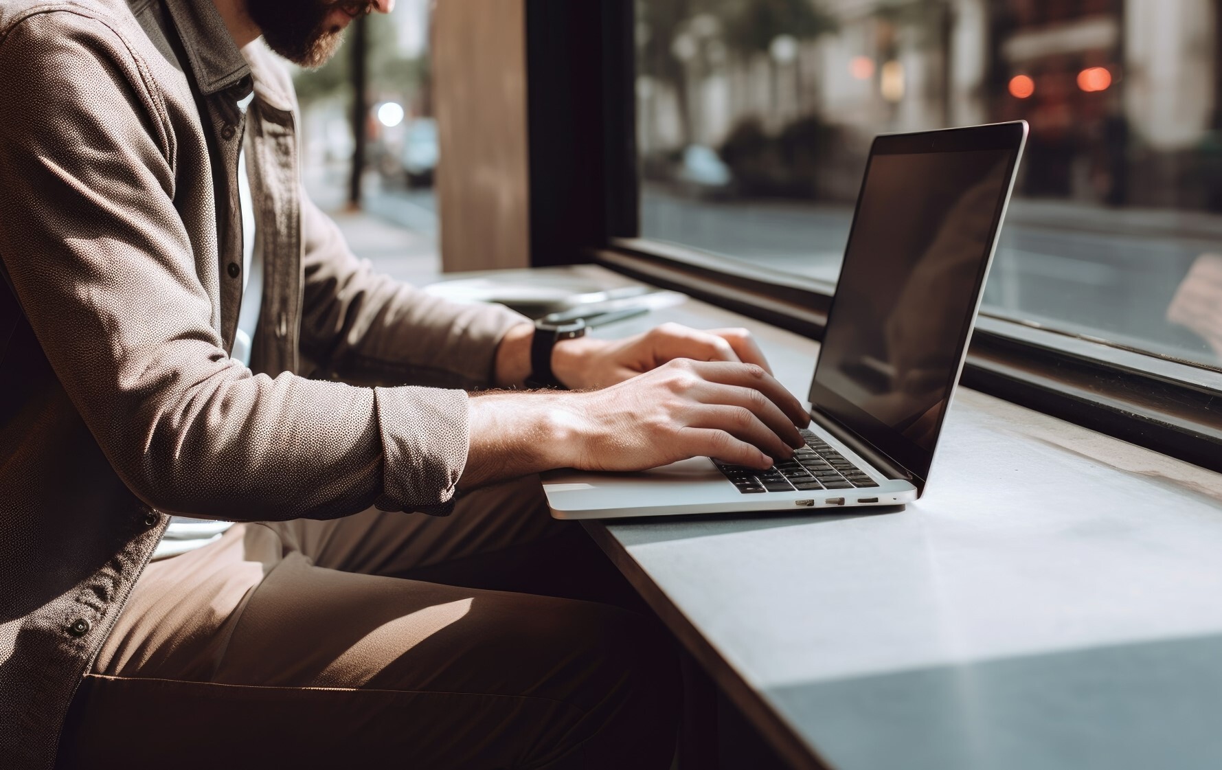 hands typing on a laptop keyboard on a coffee shop shelf in the sun