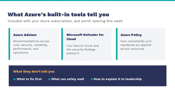 What Azure Advisor, Microsoft Defender for Cloud, and Azure Policy tell you, and what they don’t: what to fix first, what can wait, and how to explain it to leadership