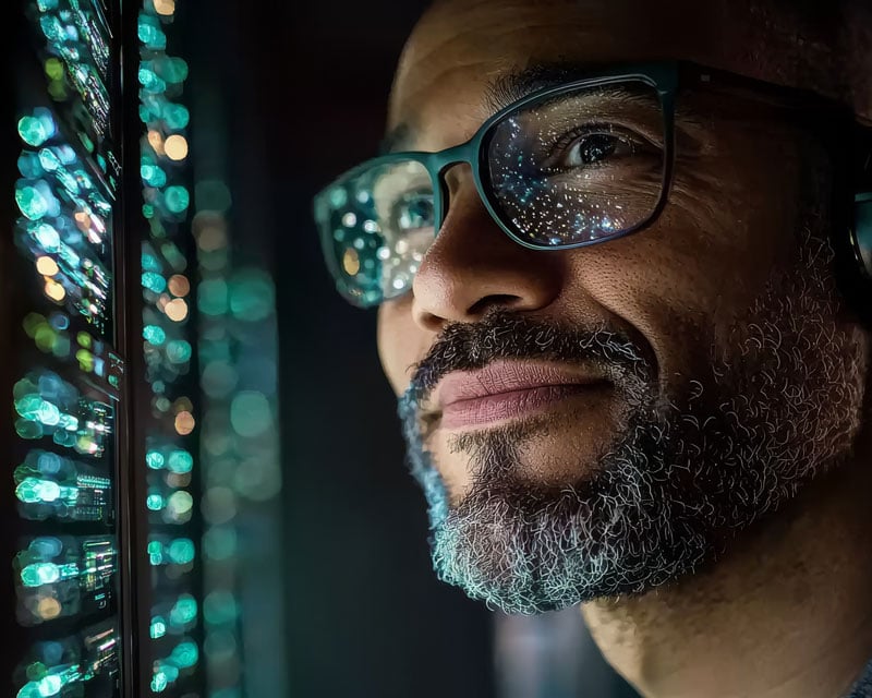 A man standing in a data center with lights reflecting in his glasses.