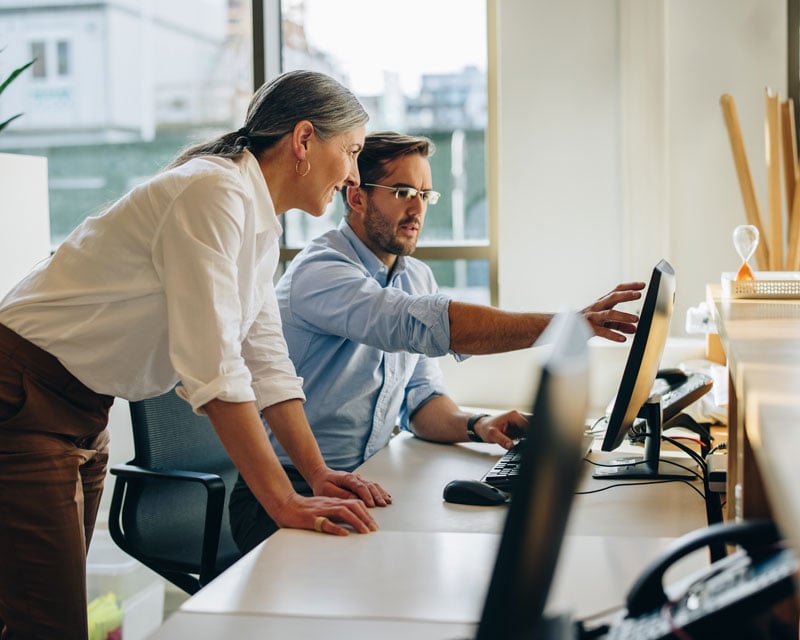 Two colleagues working on computer in an office.