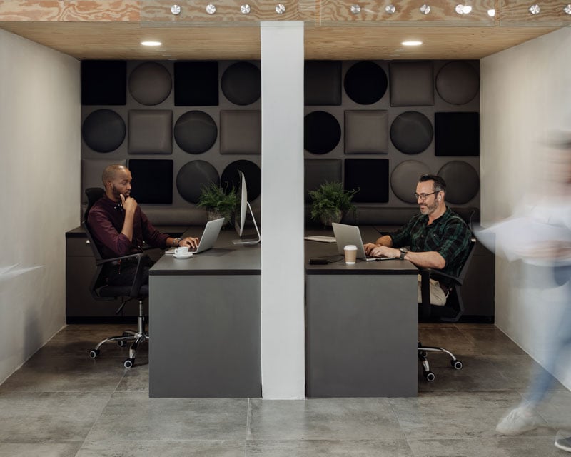 Two colleagues working in an office space.