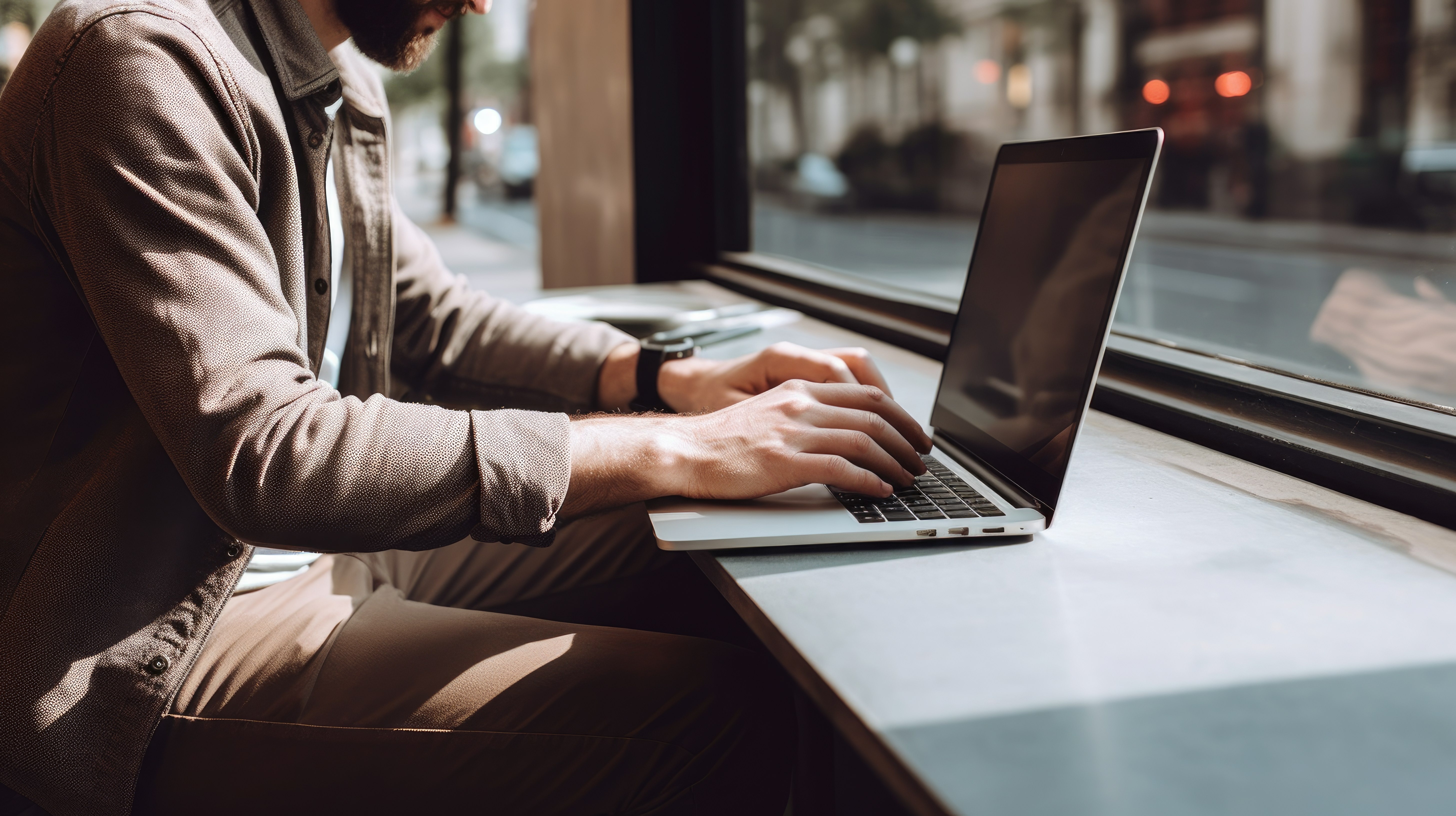 male hands typing on laptop near a window